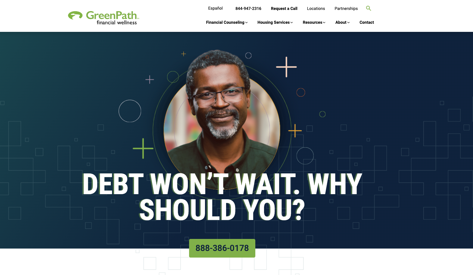 Screenshot of GreenPath Financial homepage with a man and debt counseling message