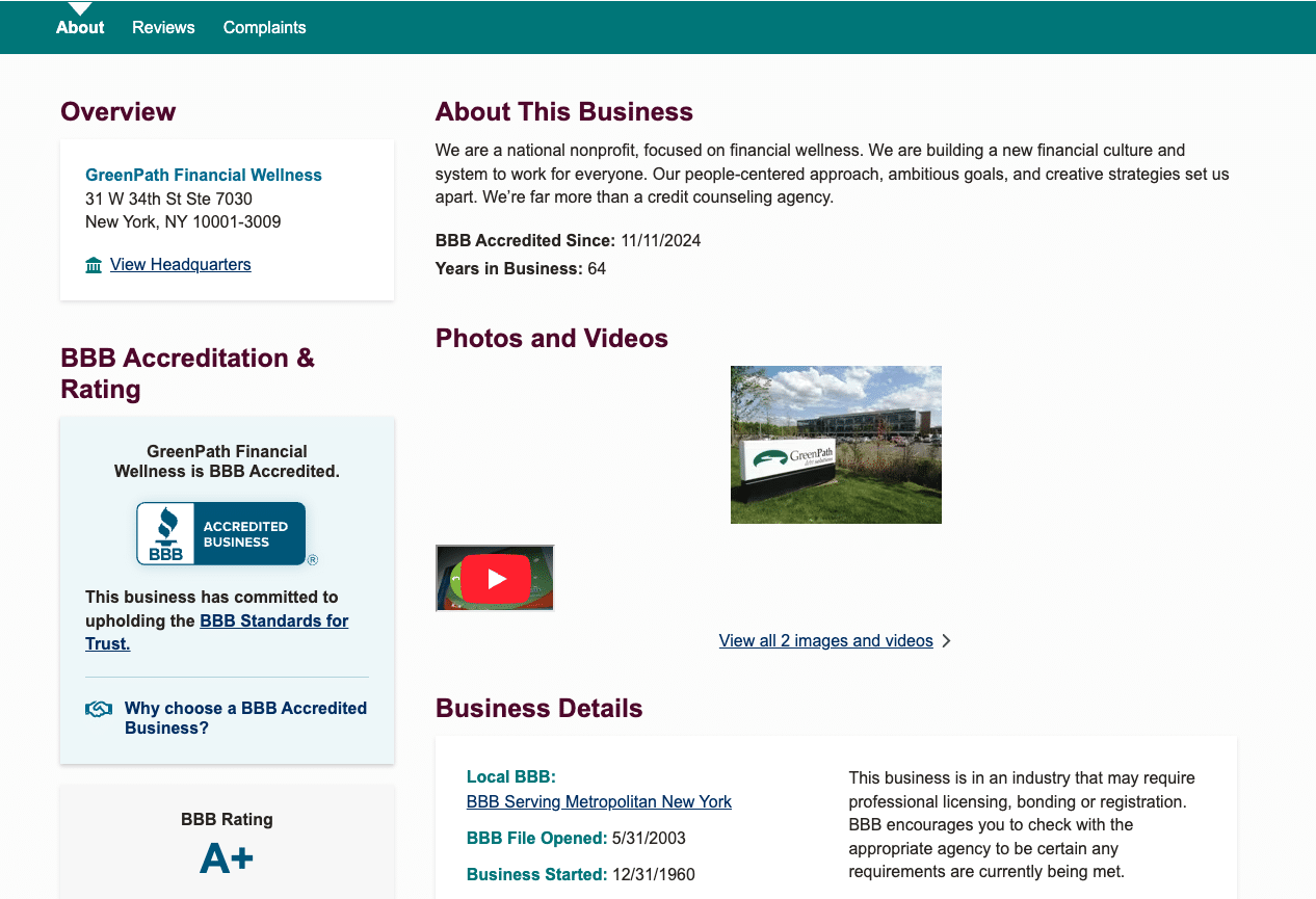 BBB profile page showing GreenPath accreditation and debt repayment example