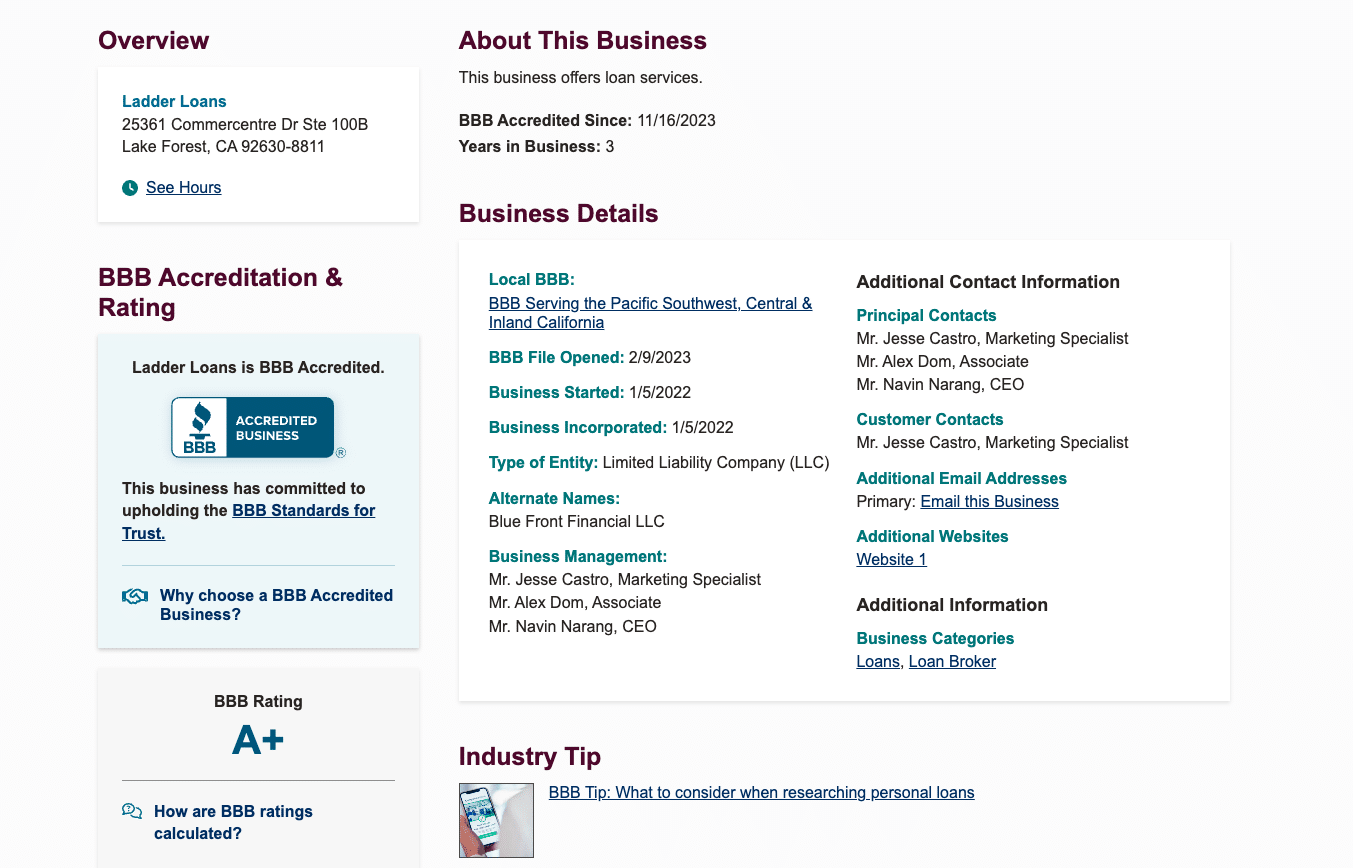 Ladder Loans Better Business Bureau profile showing A+ rating