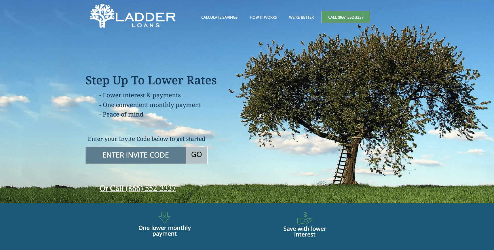Ladder Loans homepage with tree and code entry prompt