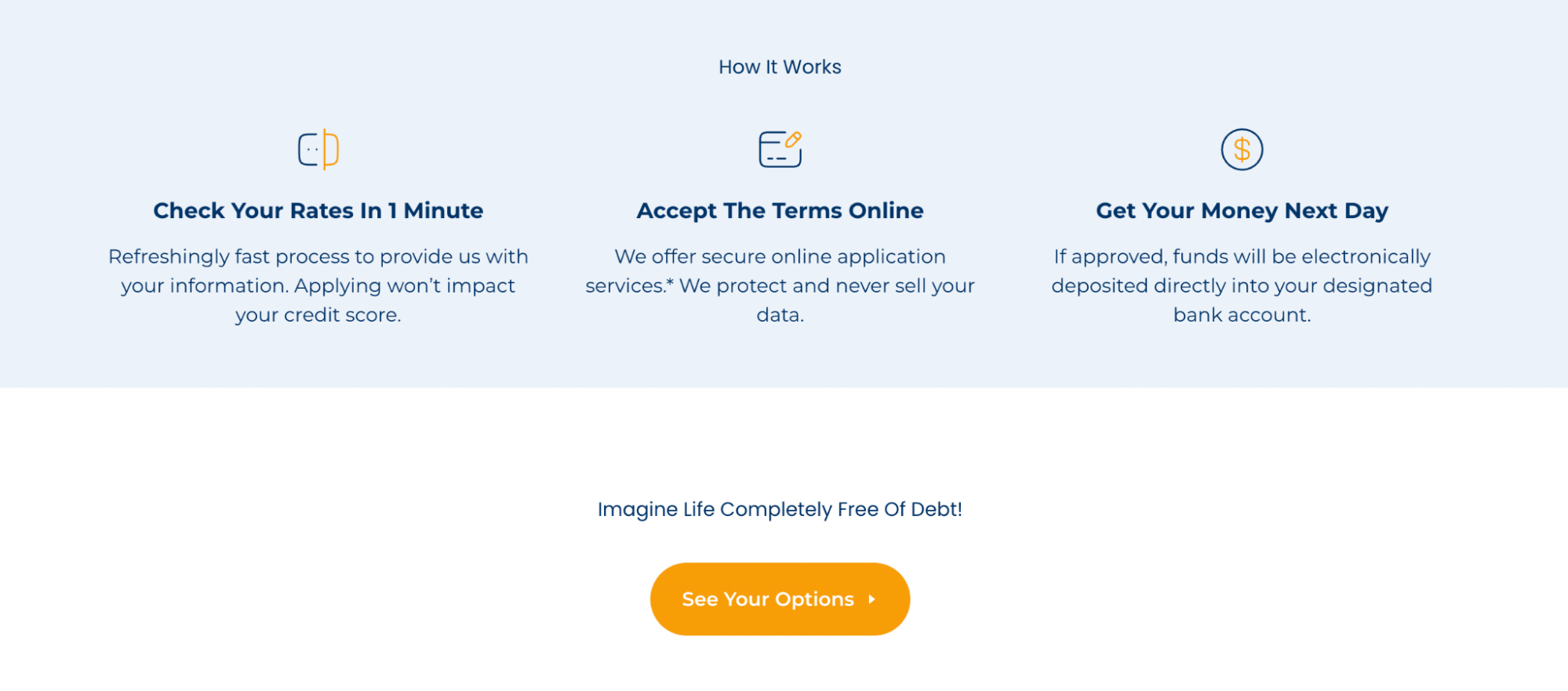 Liberty First Lending how it works section showing three steps: check your rates in one minute, accept the terms online securely, and get your money the next day if approved, followed by a call-to-action button reading See Your Options.