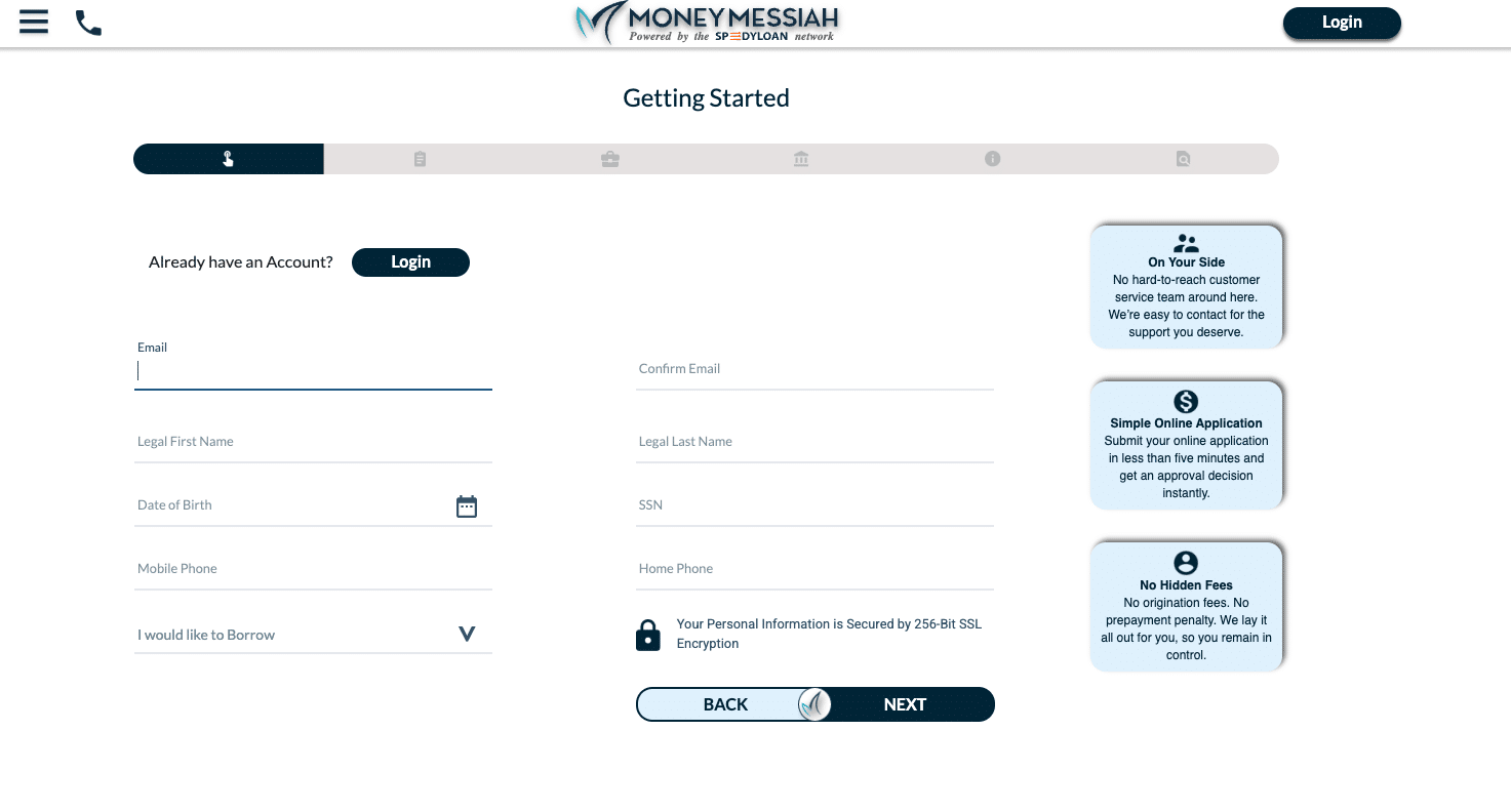 Screenshot of Money Messiah’s online loan application form, showing fields for personal details and loan amount, with notes on SSL security and fast funding.
