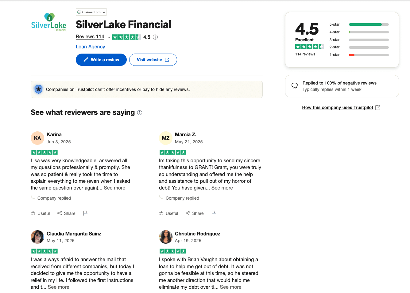 Screenshot of Silverlake Financial’s BBB accreditation with A+ rating and business contact details