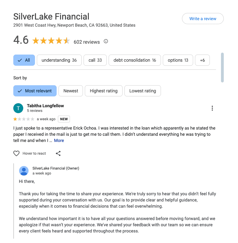 With over 600 Google reviews and an average 4.6-star rating, SilverLake Financial receives both praise for professionalism and critiques over program clarity.