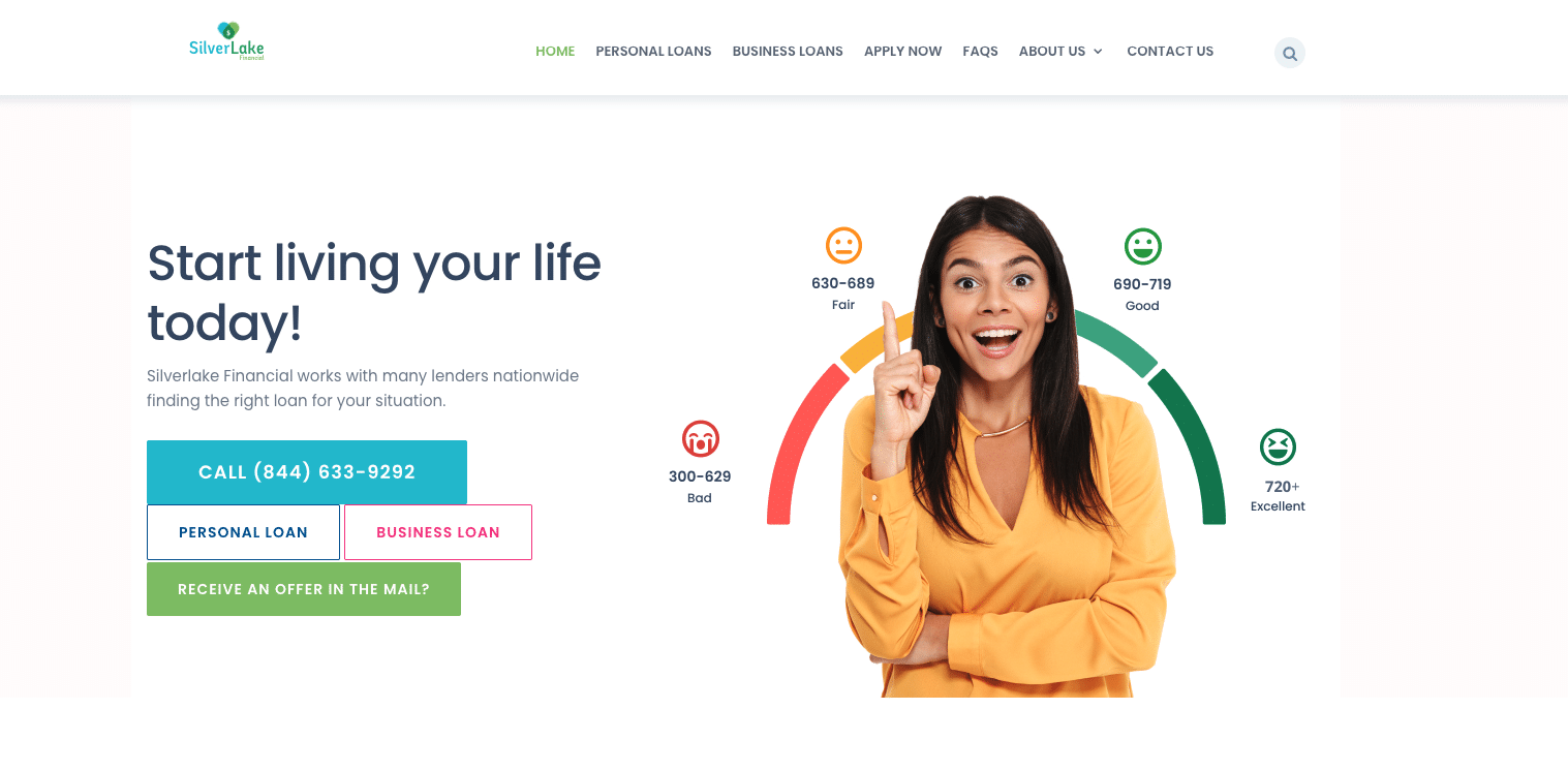 The SilverLake Financial homepage promotes personal and business loans, showing credit score ranges and offering mailer follow-ups.