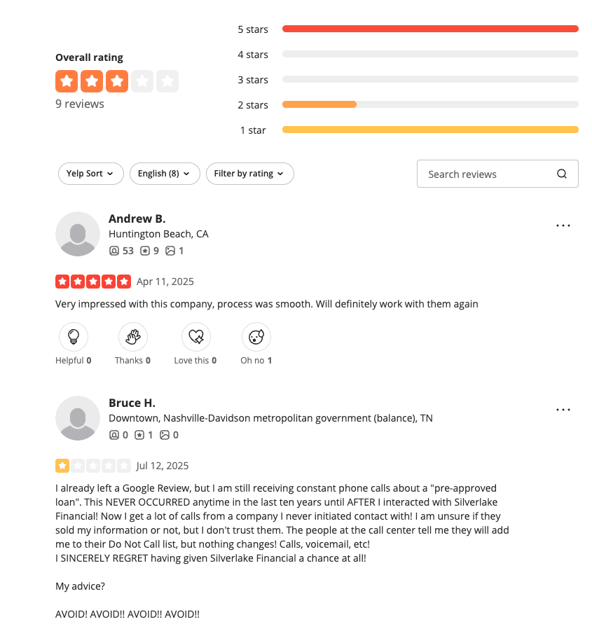 Yelp shows mixed reviews for SilverLake Financial with concerns over persistent phone calls and unexpected debt relief referrals.