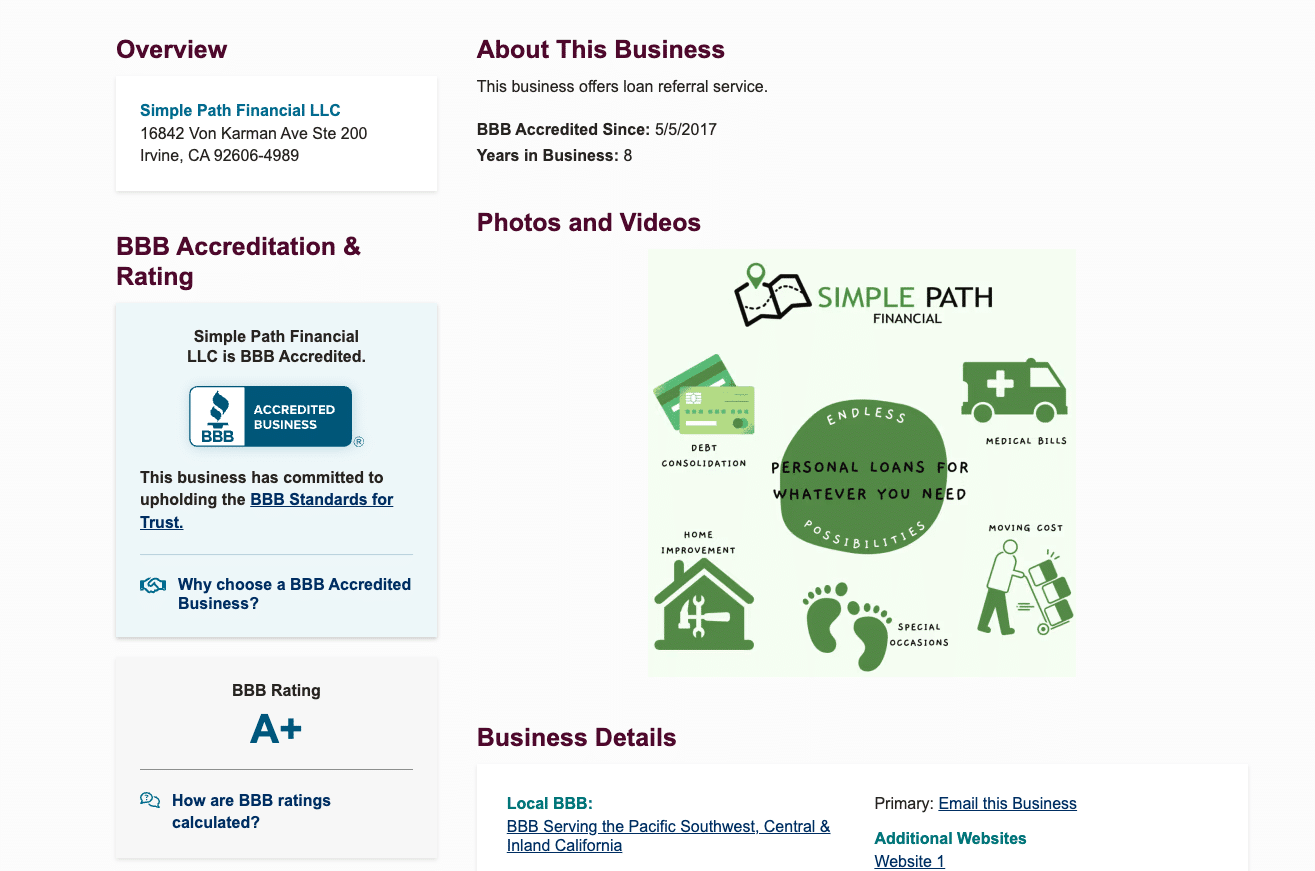 A screenshot of Simple Path Financial’s Better Business Bureau profile showing A+ rating, business details, accreditation status, and promotional infographic.