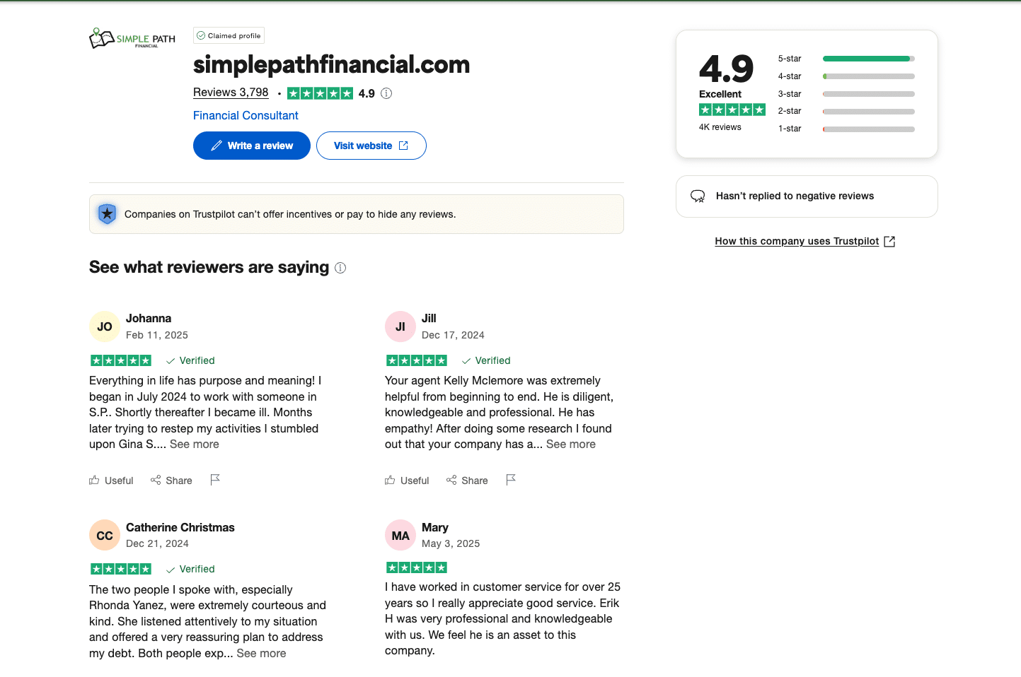Trustpilot customer reviews and ratings for Simple Path Financial, including verified feedback, user names, and a 4.9-star overall rating.