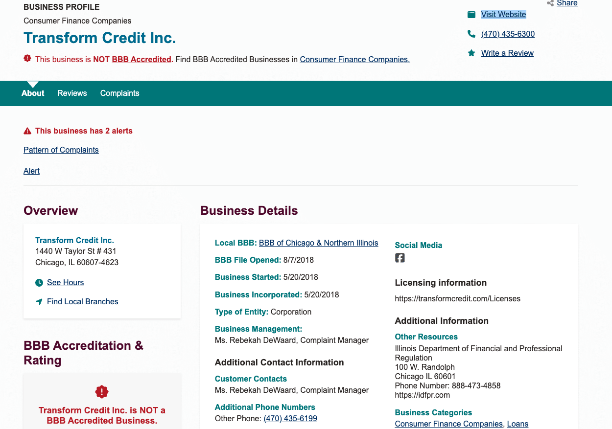 Transform Credit’s Better Business Bureau profile showing alerts and accreditation info