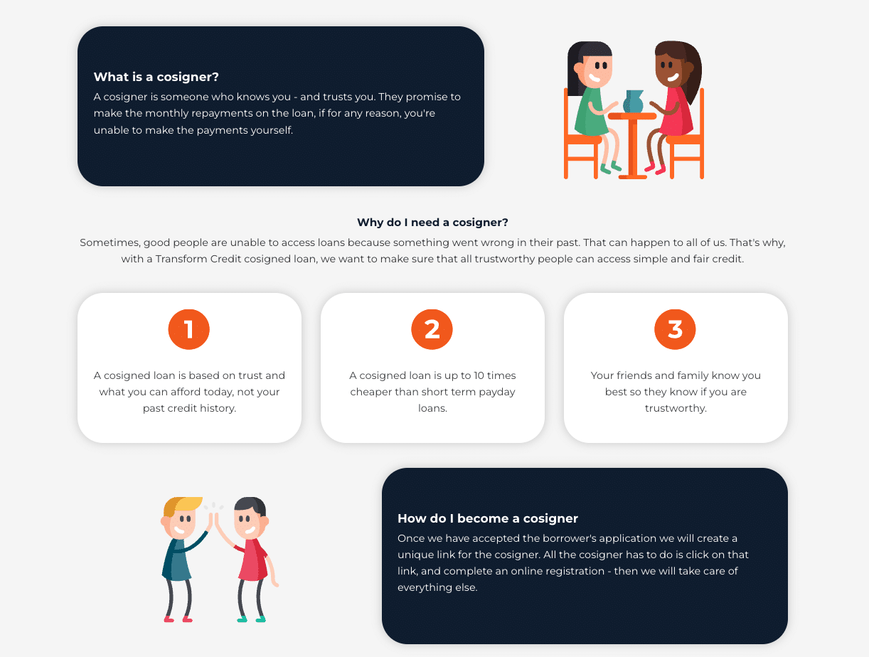 Transform Credit page explaining the role of a cosigner and loan eligibility requirements