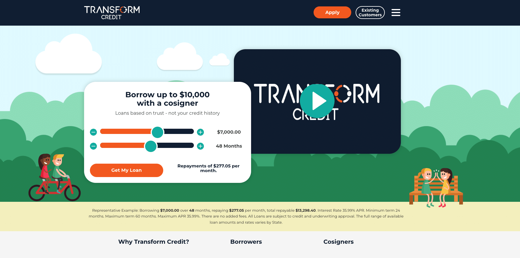Interface showing loan amount, term options and co-signer info