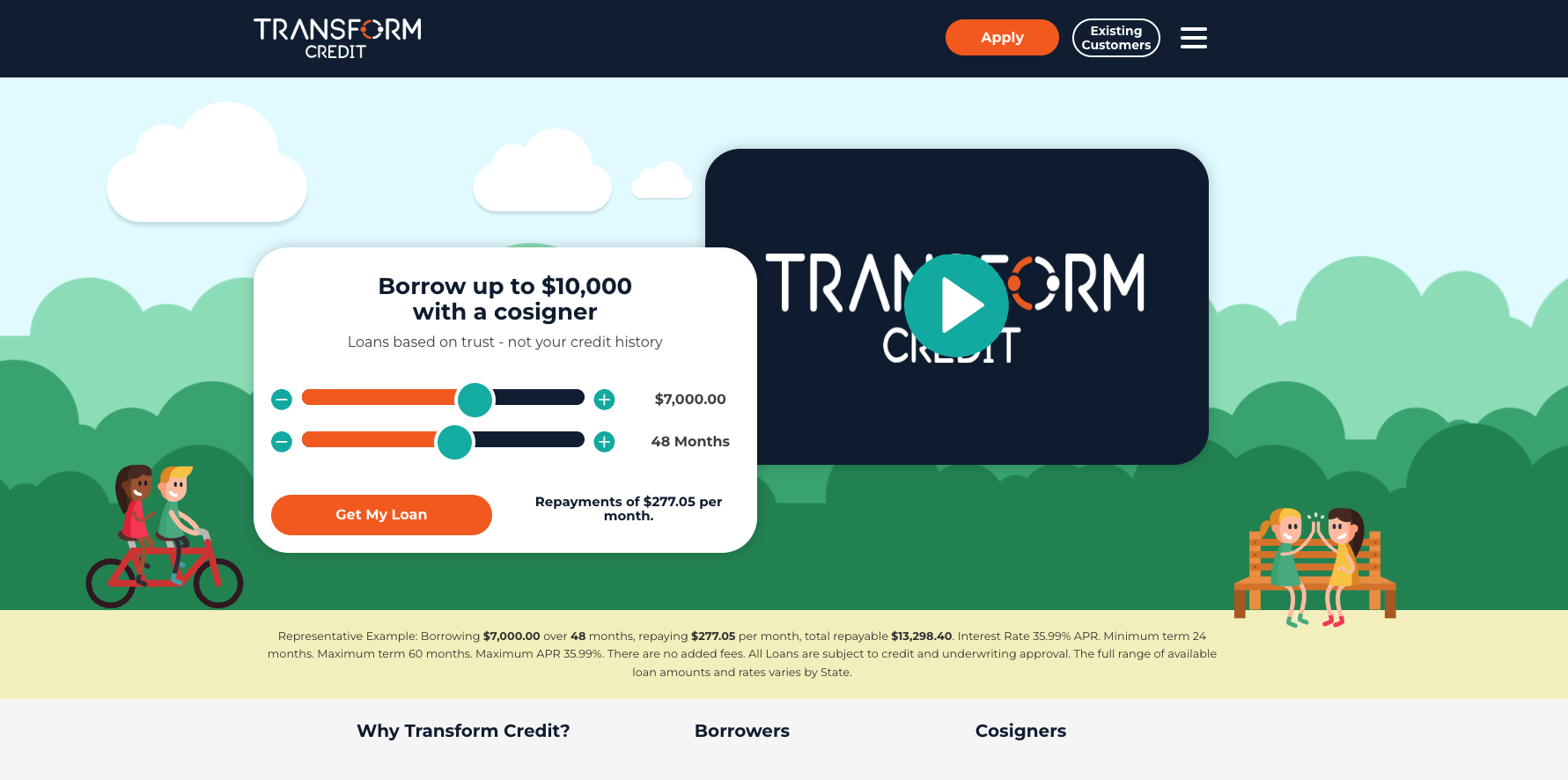 Transform Credit homepage showing loan offer details with cosigner requirement and monthly repayment example