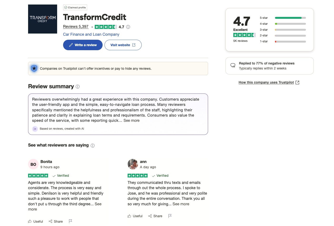 Trustpilot page for Transform Credit with 4.7-star rating and highlighted user feedback
