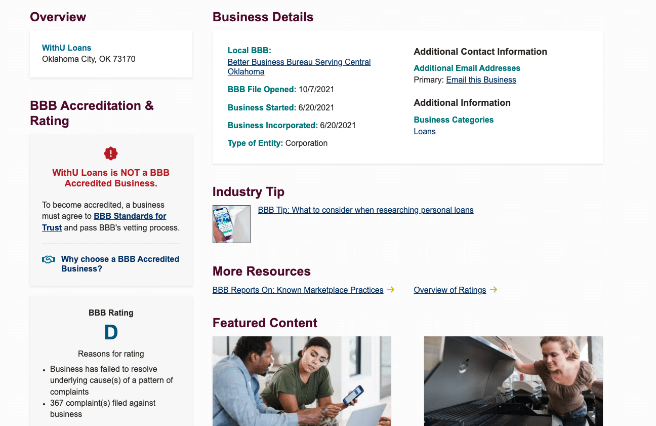 Better Business Bureau profile for WithU Loans showing D rating, accreditation warning, and 367 complaints filed against the business.