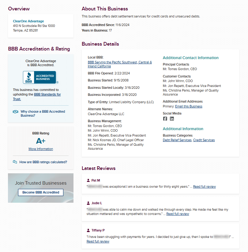 ClearOne Advantage BBB profile showing A+ rating and accreditation