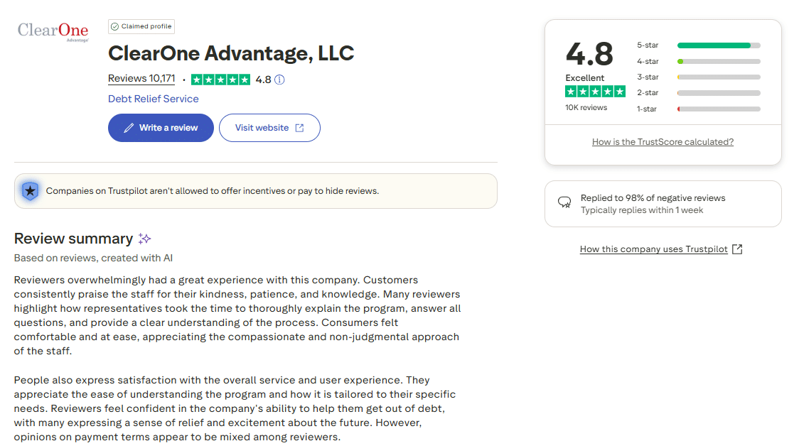 ClearOne Advantage Trustpilot reviews with 4.8 out of 5 star rating