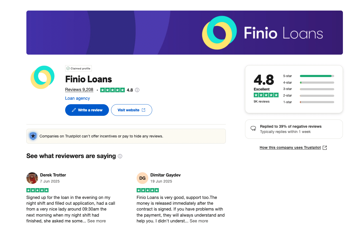 Finio Loans Trustpilot profile with a 4.8-star rating and more than 9,000 reviews, showing user testimonials and customer feedback