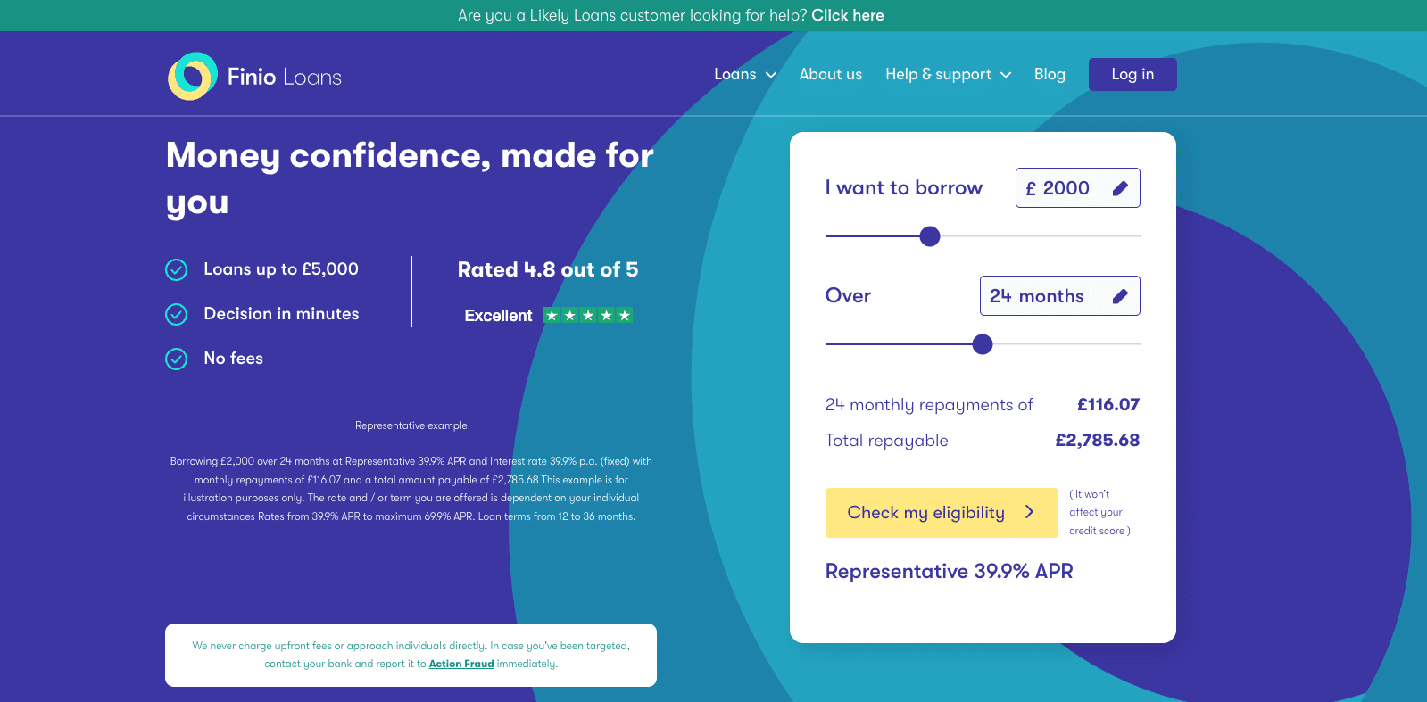Finio Loans website homepage featuring loan calculator with borrowing slider, loan term options, and representative APR of 39.9 percent