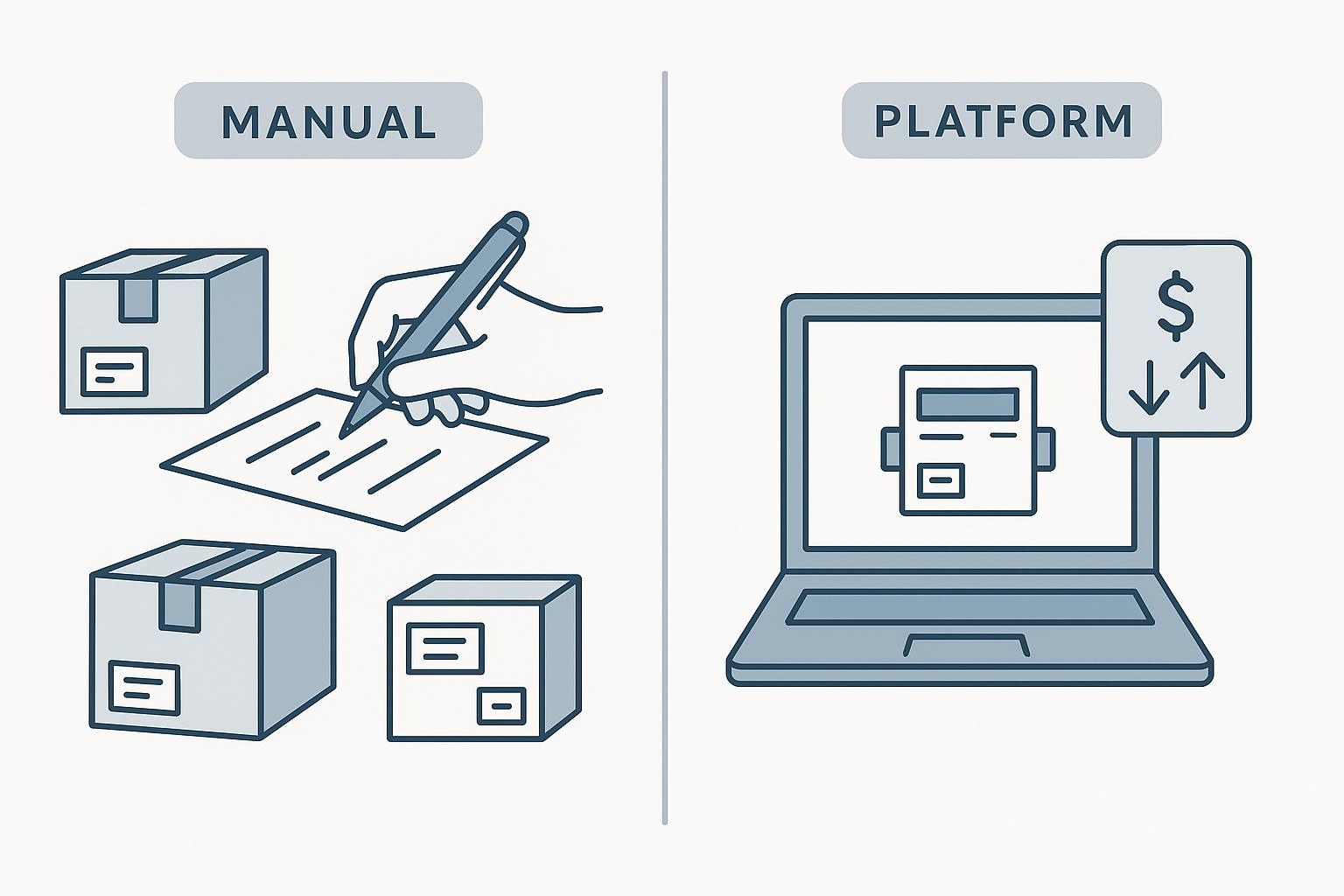 Illustration comparing manual shipping tasks with a streamlined shipping platform on a laptop.