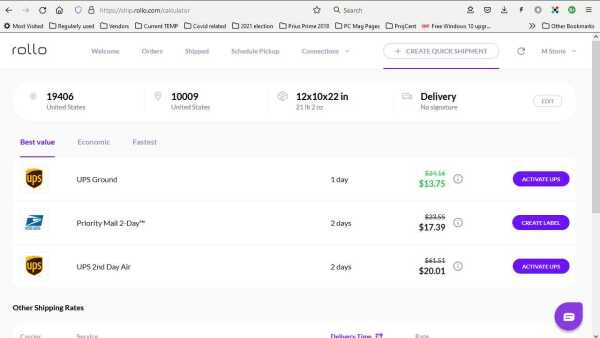 Rollo Ship software displaying real-time UPS shipping rates and delivery options for multiple services.