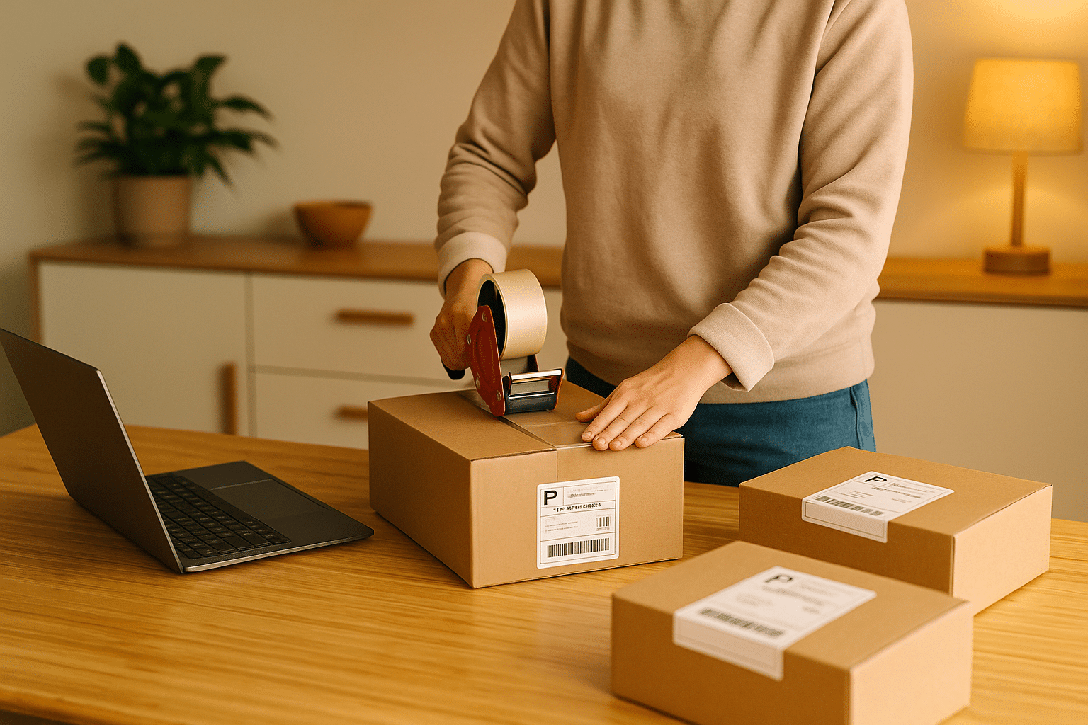 Person using packing tape to seal a shipping box on a desk with labeled packages and a laptop nearby.