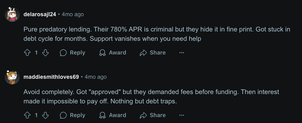 User comments on a dark-themed review platform criticizing Post Lake Lending, referencing 780% APR, hidden fees, and difficulty repaying loans.
