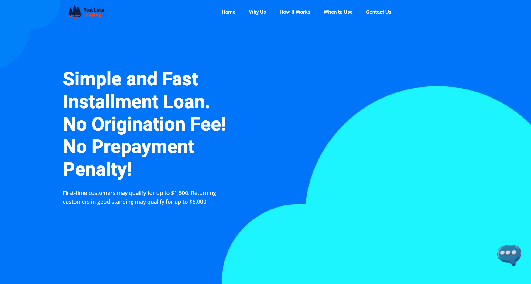 Screenshot of Post Lake Lending homepage featuring promotional text stating 'Simple and Fast Installment Loan. No Origination Fee! No Prepayment Penalty!' and navigation menu with options like Home, Why Us, and How It Works.