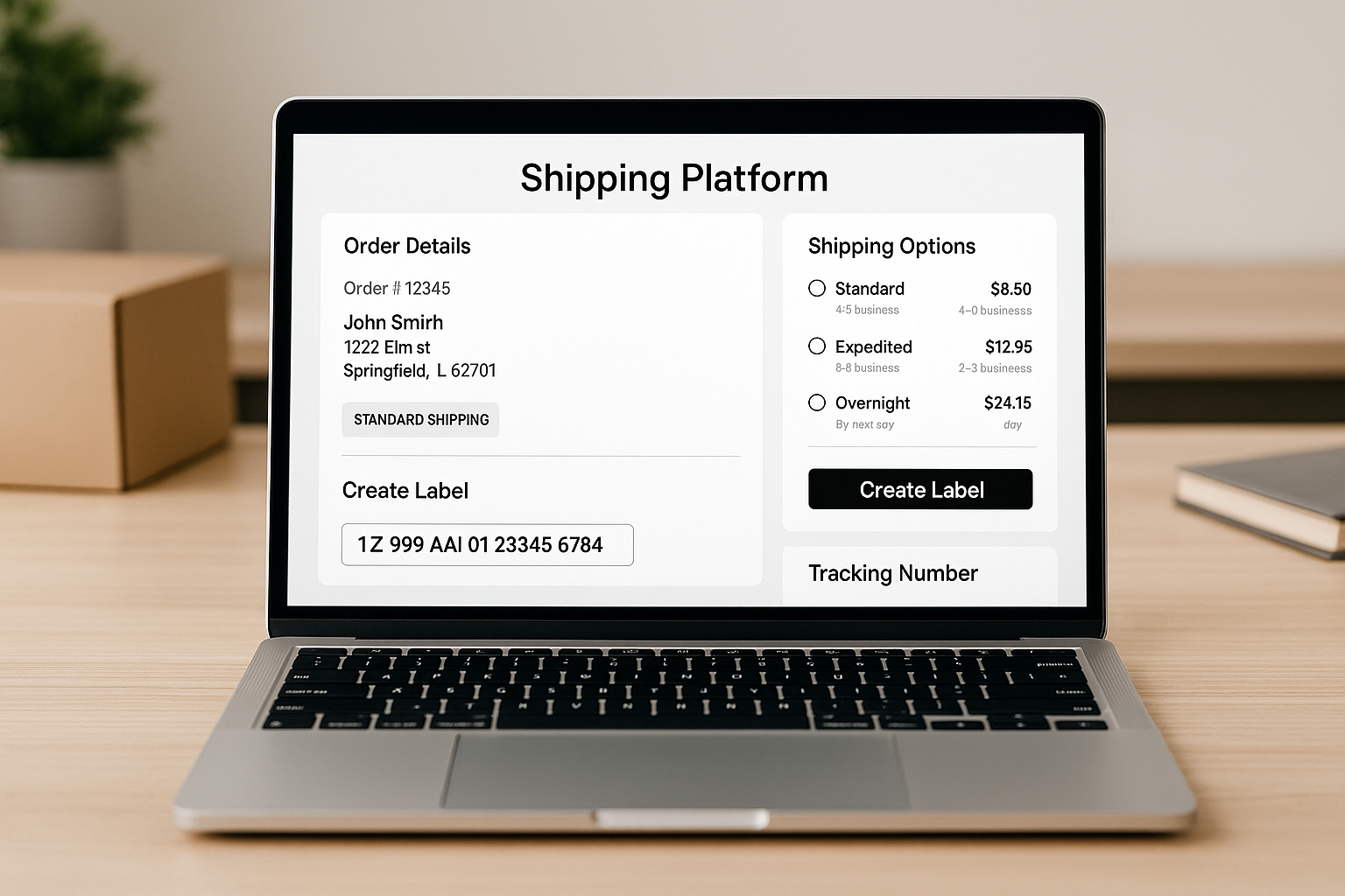 Laptop displaying a shipping platform interface with order details and label options on a wooden desk.