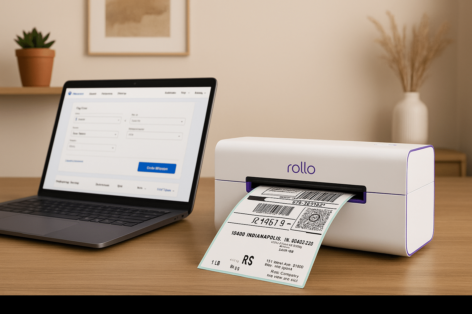 Rollo X1040 wireless thermal printer printing a shipping label next to a laptop running Rollo Ship software on a wooden desk.