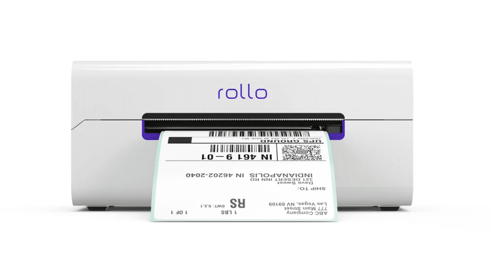Rollo X1040 wireless thermal printer printing a shipping label for small business or e-commerce use.