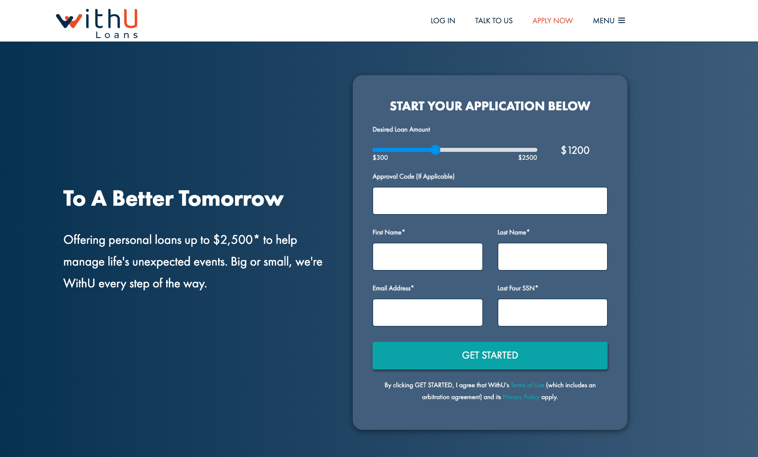 WithU Loans application webpage showing loan form and slogan 'To A Better Tomorrow' with a loan amount slider and input fields.