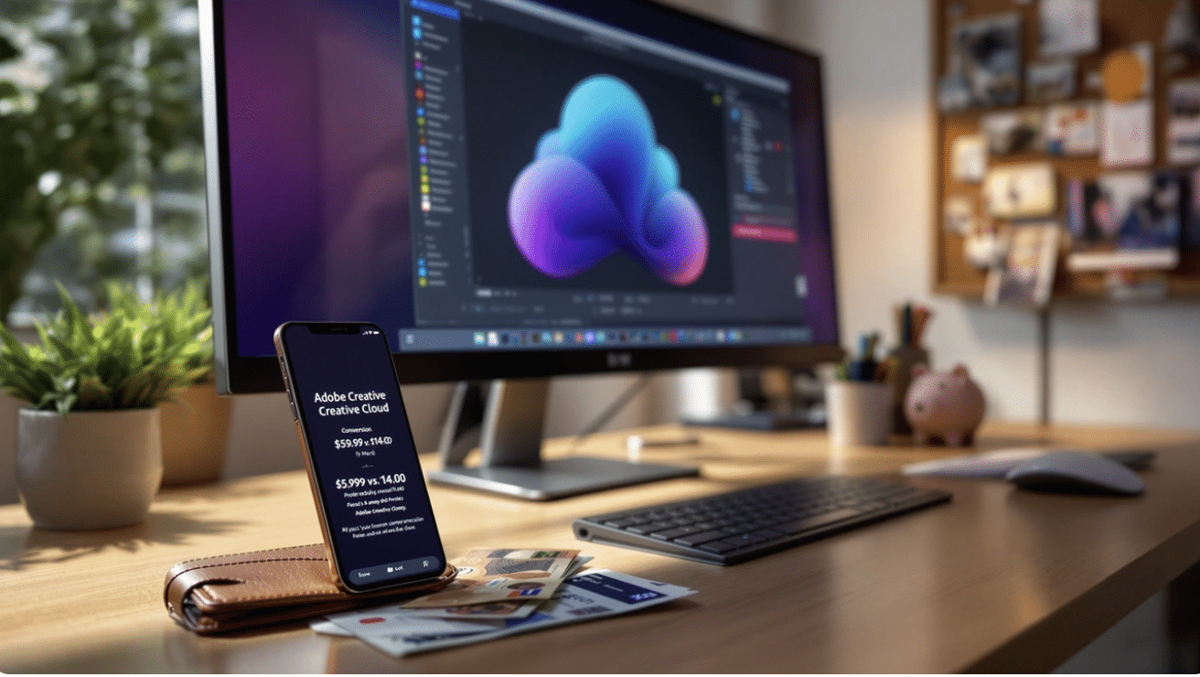 Smartphone showing Adobe Creative Cloud pricing next to desktop with design software open