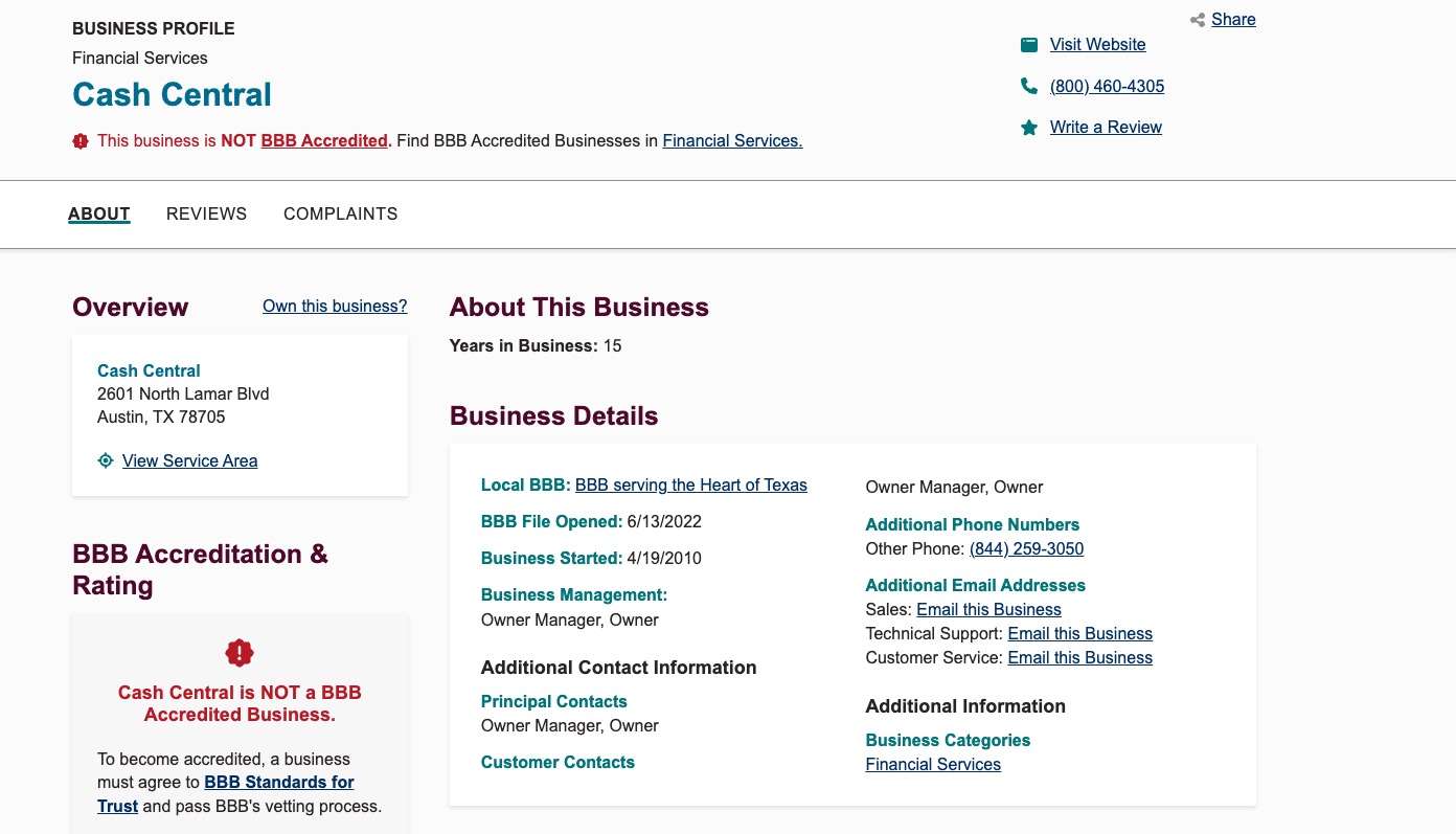 Screenshot of Cash Central Better Business Bureau profile showing it is not BBB accredited, with business details and contact information.