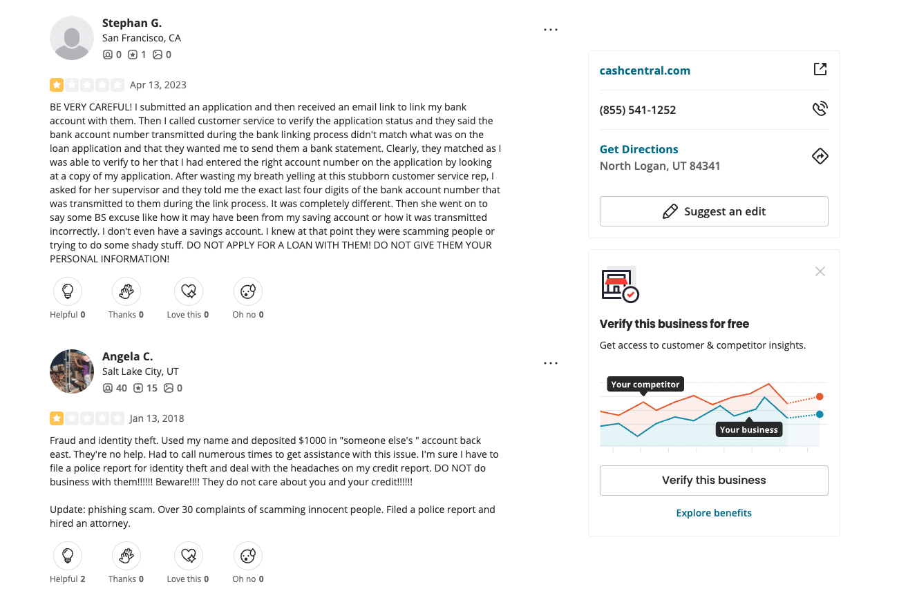 Screenshot of negative Cash Central customer reviews about fraud, identity theft, and poor customer service.