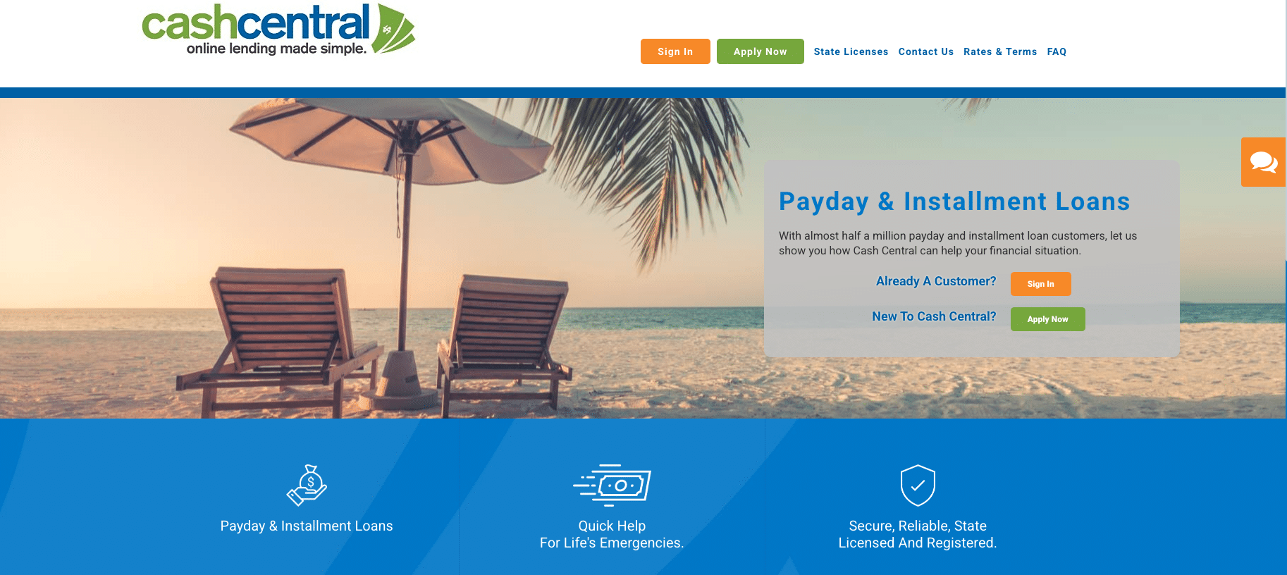 Cash Central homepage showing payday and installment loan options with beach background, sign-in, and apply buttons.