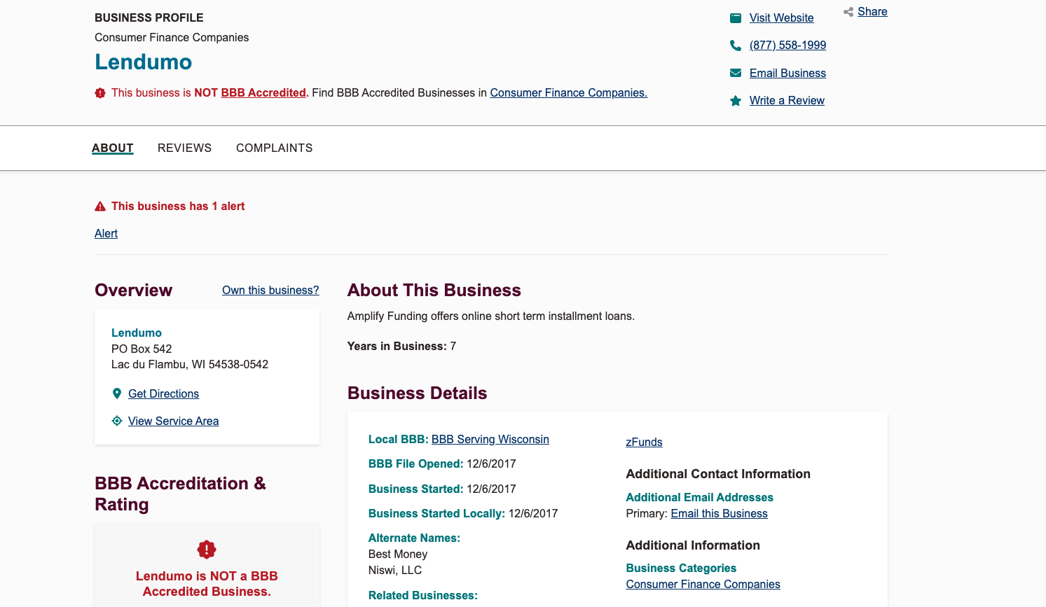 Lendumo Better Business Bureau profile showing company is not BBB accredited and has consumer complaints.