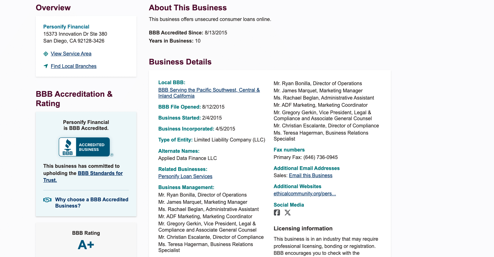 Better Business Bureau profile of Personify Financial showing A+ rating and business details.