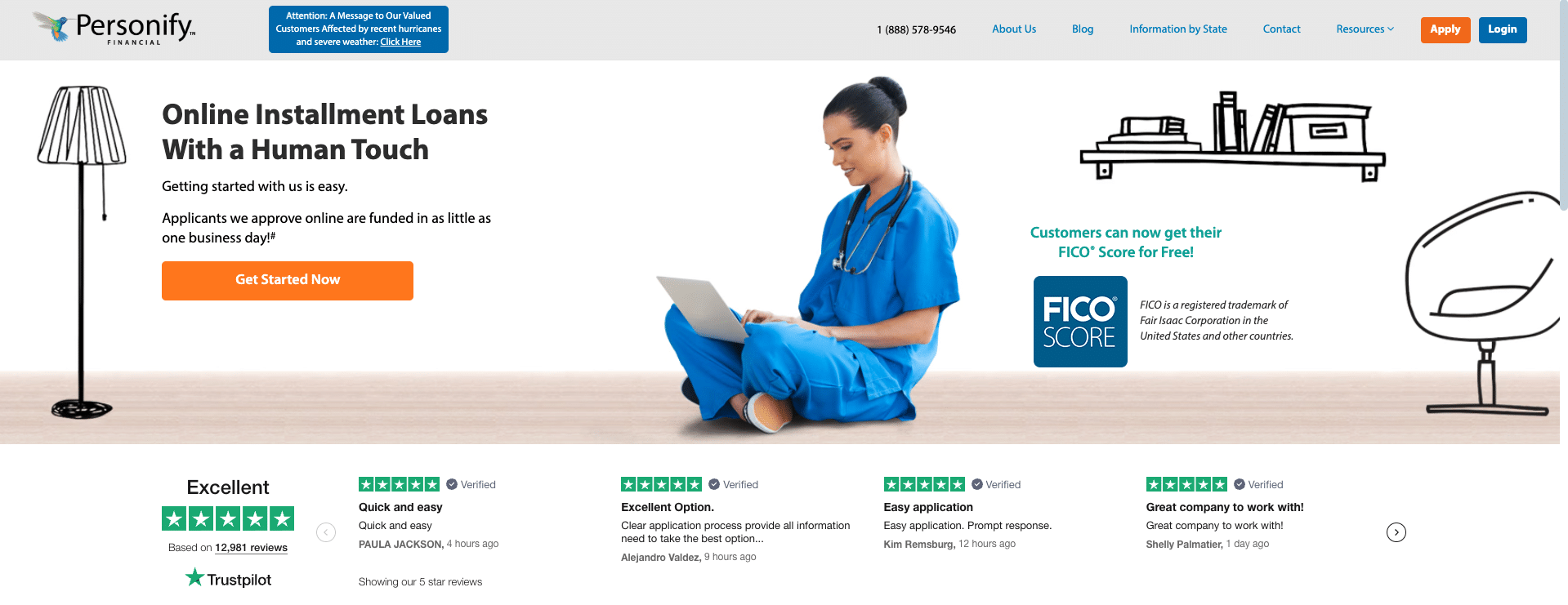 Personify Financial homepage showing online installment loan offer with nurse using laptop.