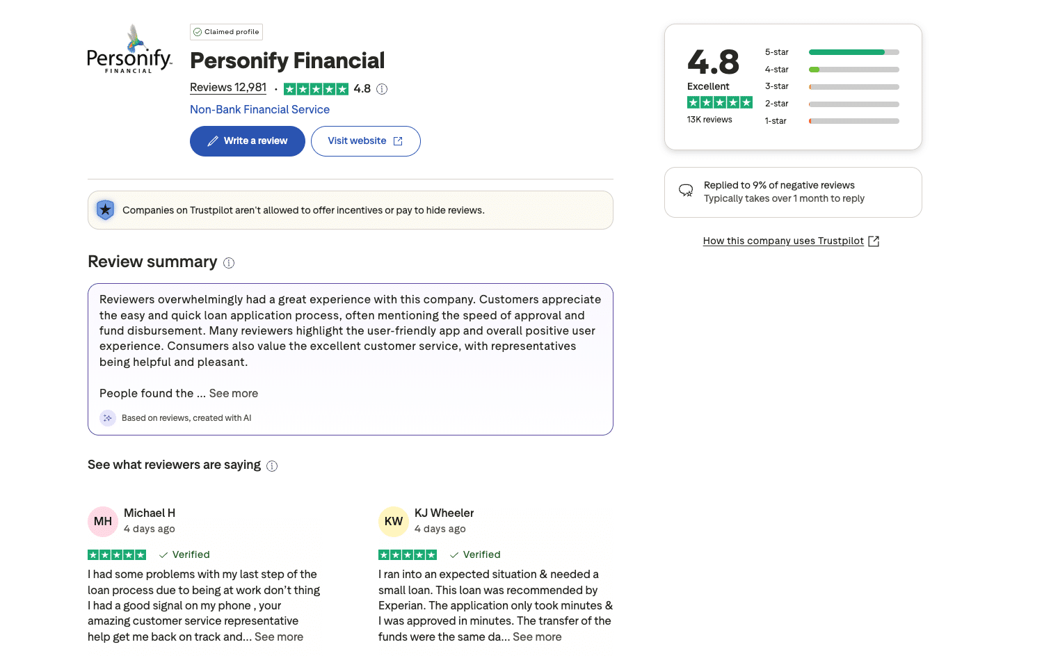Trustpilot page for Personify Financial showing 4.8 star rating based on nearly 13,000 reviews.