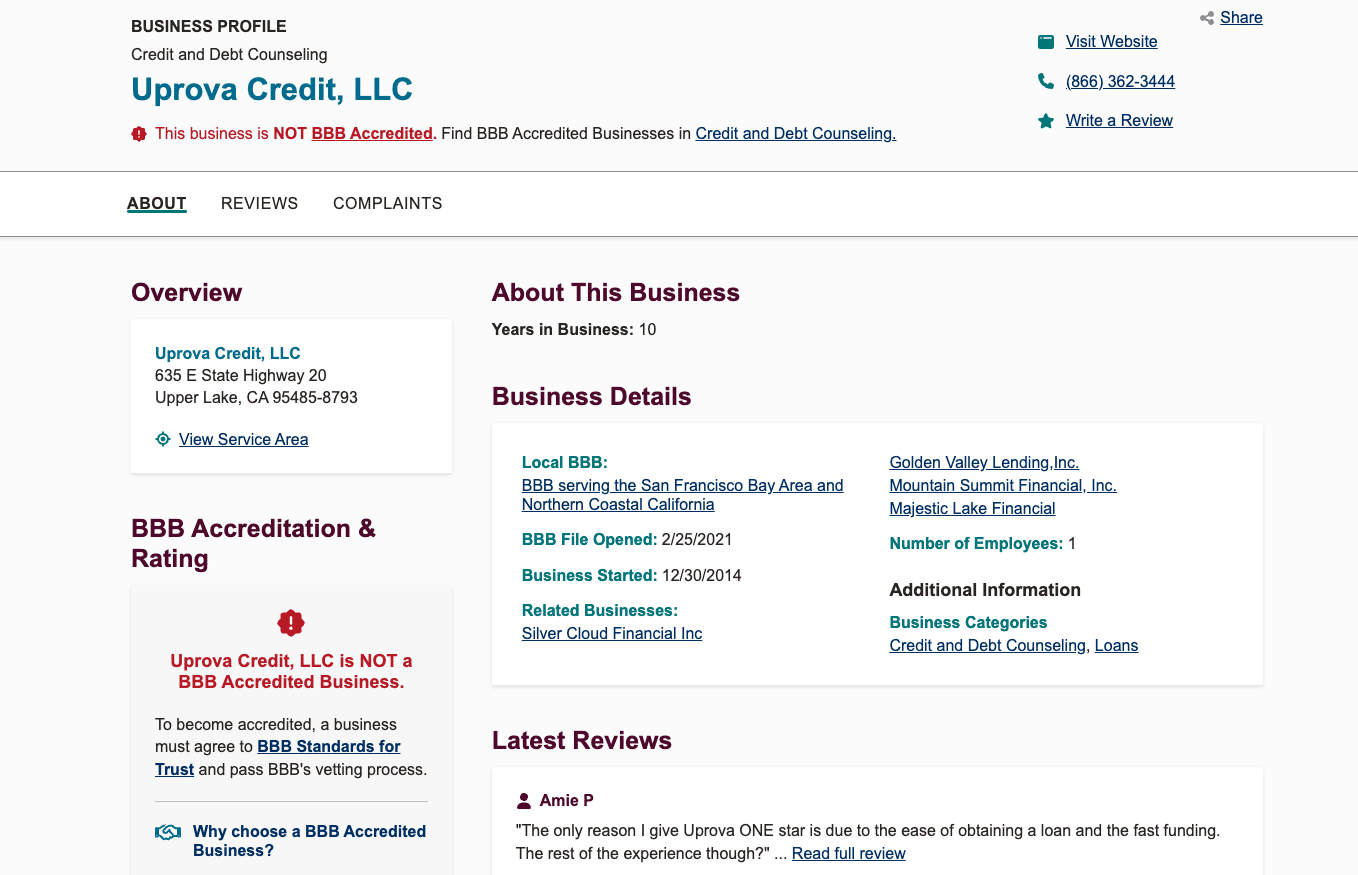 BBB profile for Uprova Credit, LLC showing non-accredited status and company details