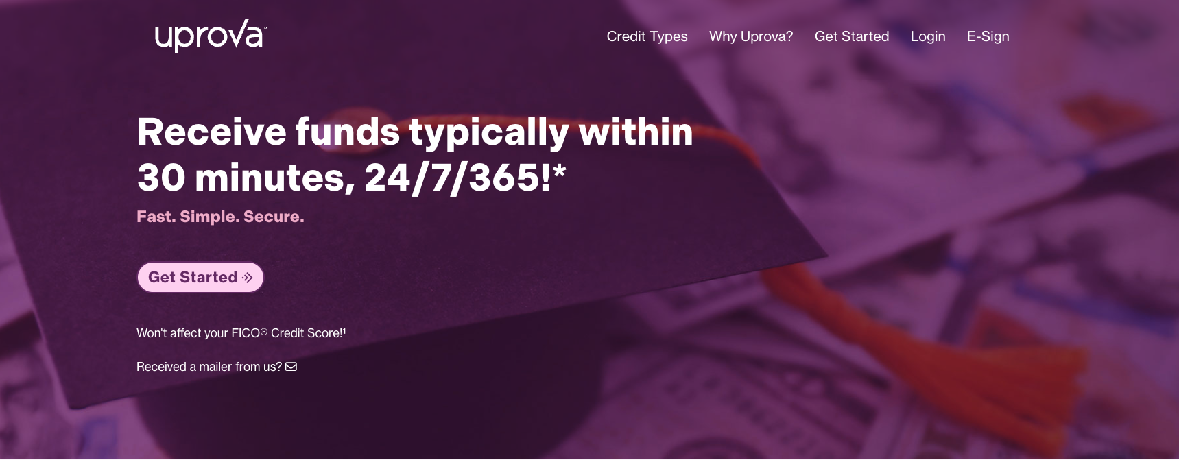 Uprova Loans homepage advertising funds within 30 minutes, available 24/7