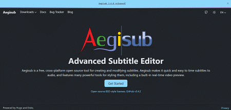 Screenshot of Aegisub website showing advanced subtitle editor.