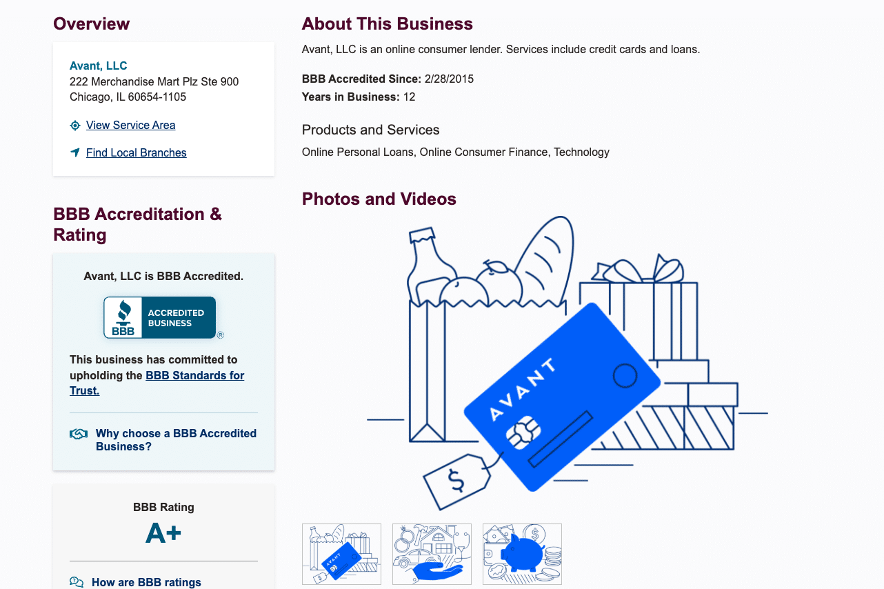 Avant Loans BBB accreditation profile with A+ rating and business details