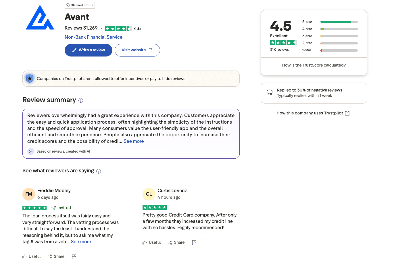Avant Loans Trustpilot page showing 4.5 star rating and customer review highlights