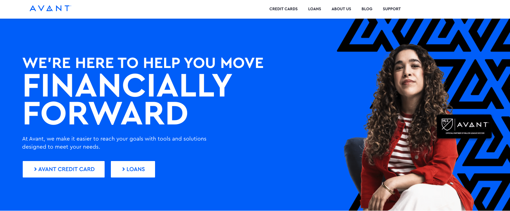 Avant homepage banner promoting credit cards and personal loans with tagline “Financially Forward”