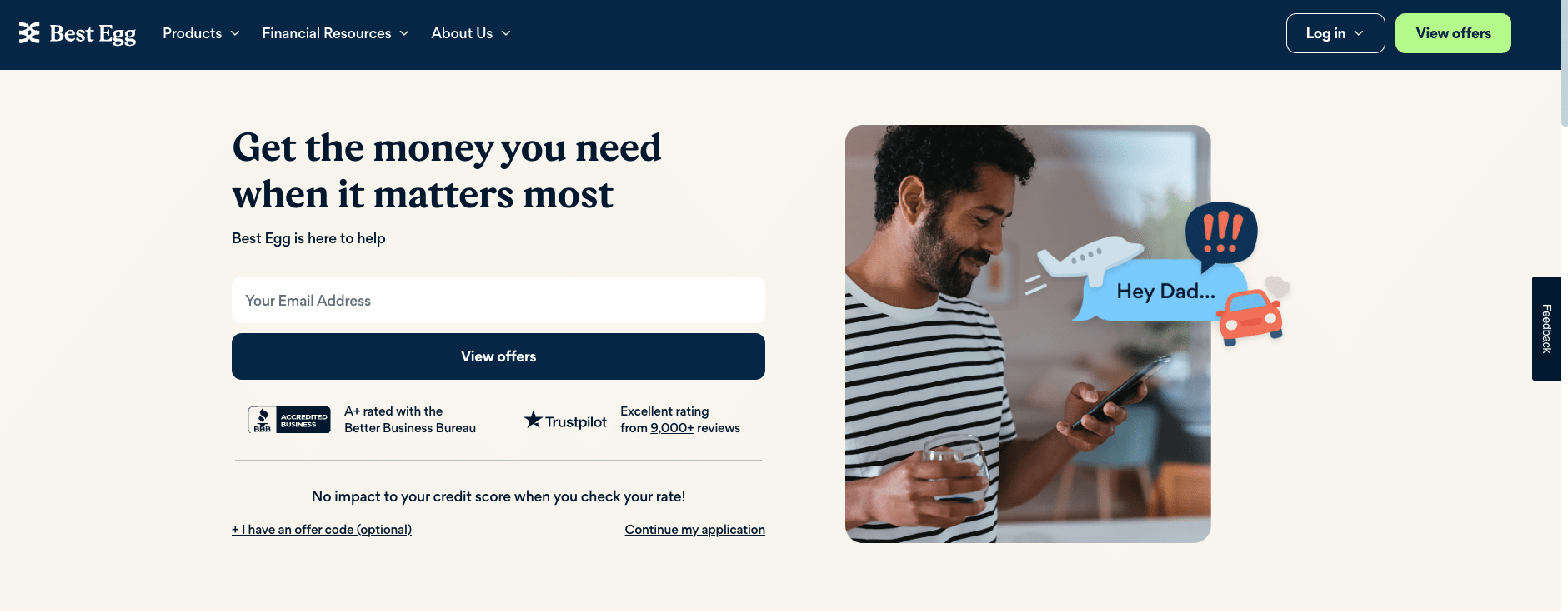 Screenshot of Best Egg’s official homepage highlighting loan offers and customer ratings.