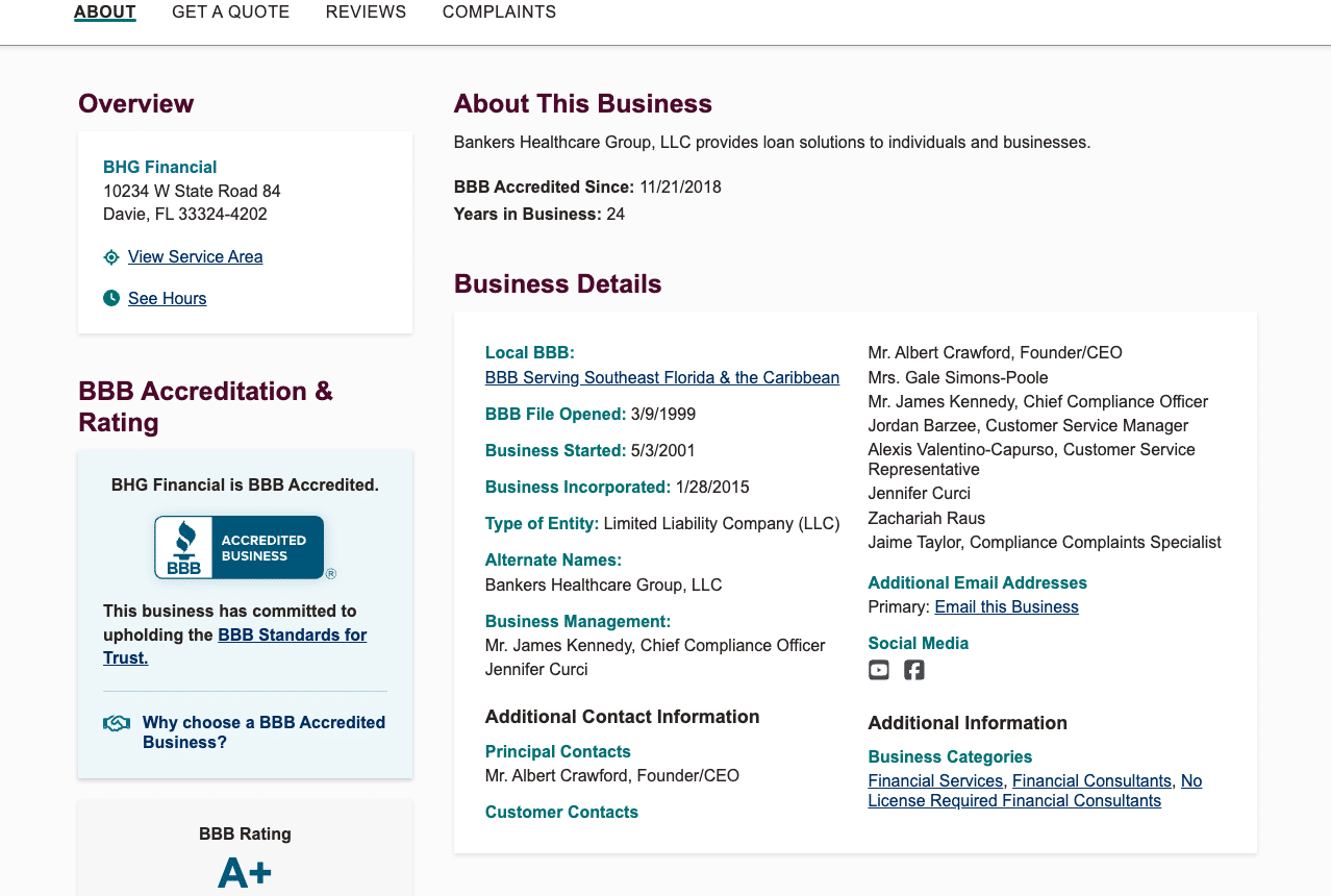 Better Business Bureau profile for BHG Financial showing A+ rating, accreditation, and company details.