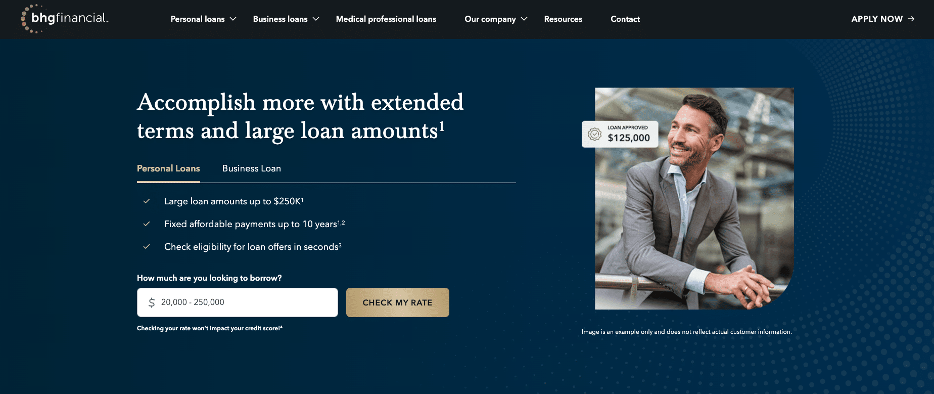 BHG Financial website screenshot promoting personal loans up to $250,000 with fixed terms up to 10 years.