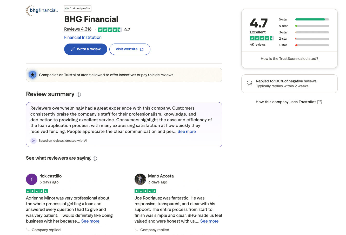 Trustpilot reviews page for BHG Financial showing a 4.7-star rating from over 4,000 reviews.