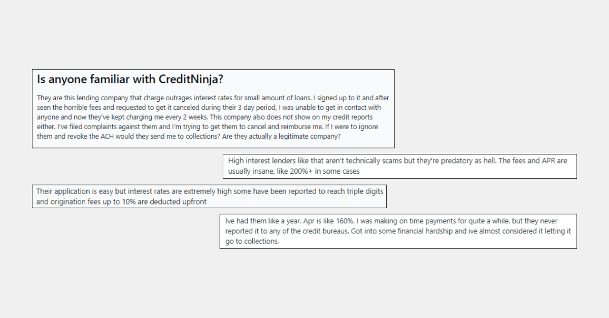 Screenshot of Reddit-style discussion about CreditNinja, showing multiple user comments describing high interest rates, triple-digit APRs, upfront origination fees, lack of credit reporting, and difficulty canceling loans.